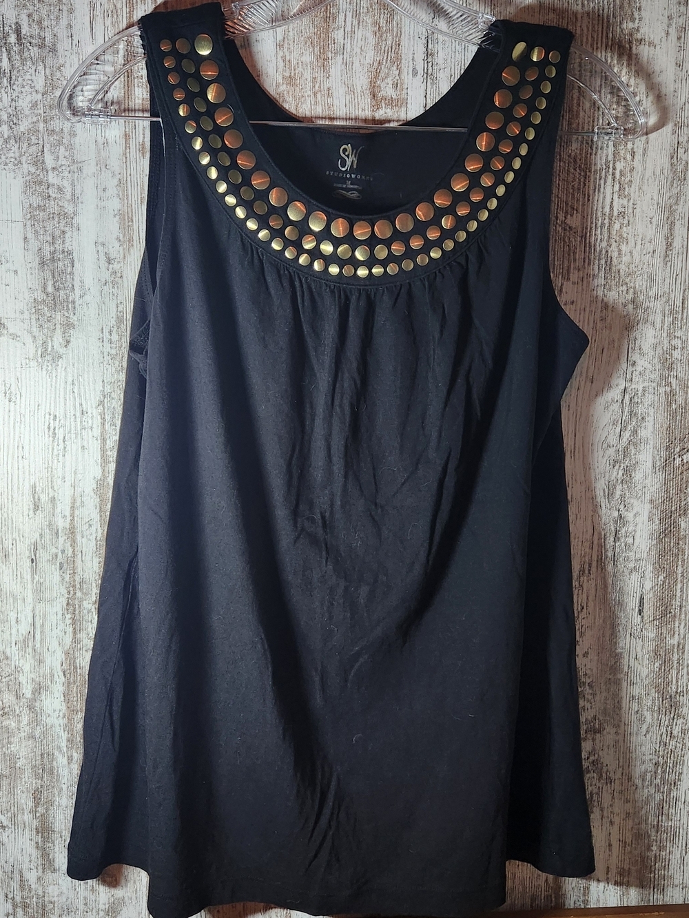 Studio Works Black Tank with Gold-Tone Stud Collar Size M